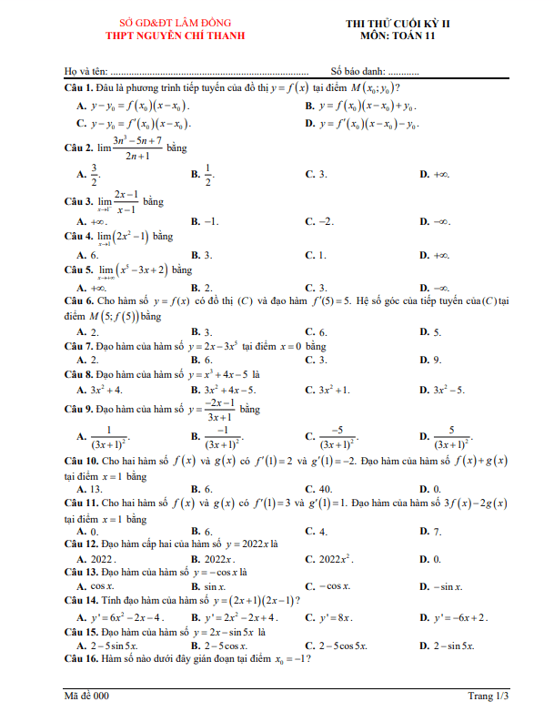 Đề thi thử cuối kỳ 2 Toán 11 năm 2022 – 2023 trường Nguyễn Chí Thanh – Lâm Đồng
