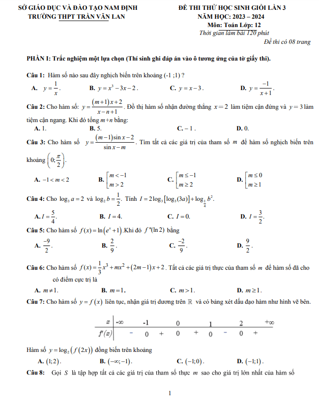 Đề thi thử HSG lần 3 Toán 12 năm 2023 – 2024 trường THPT Trần Văn Lan – Nam Định
