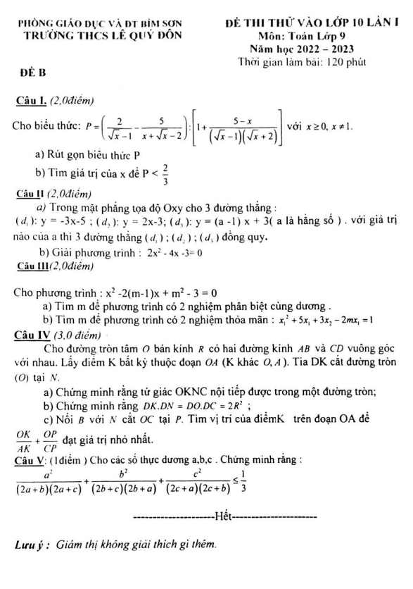 Đề thi thử Toán vào 10 lần 1 năm 2022 – 2023 trường Lê Quý Đôn – Thanh Hóa