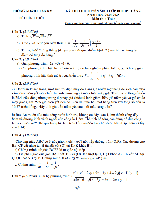 Đề thi thử Toán vào lớp 10 lần 2 năm 2024 – 2025 phòng GD&ĐT Tân Kỳ – Nghệ An
