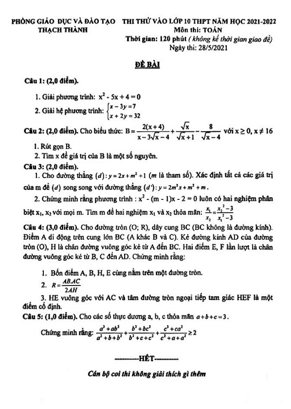 Đề thi thử Toán vào lớp 10 năm 2021 – 2022 phòng GD&ĐT Thạch Thành – Thanh Hóa