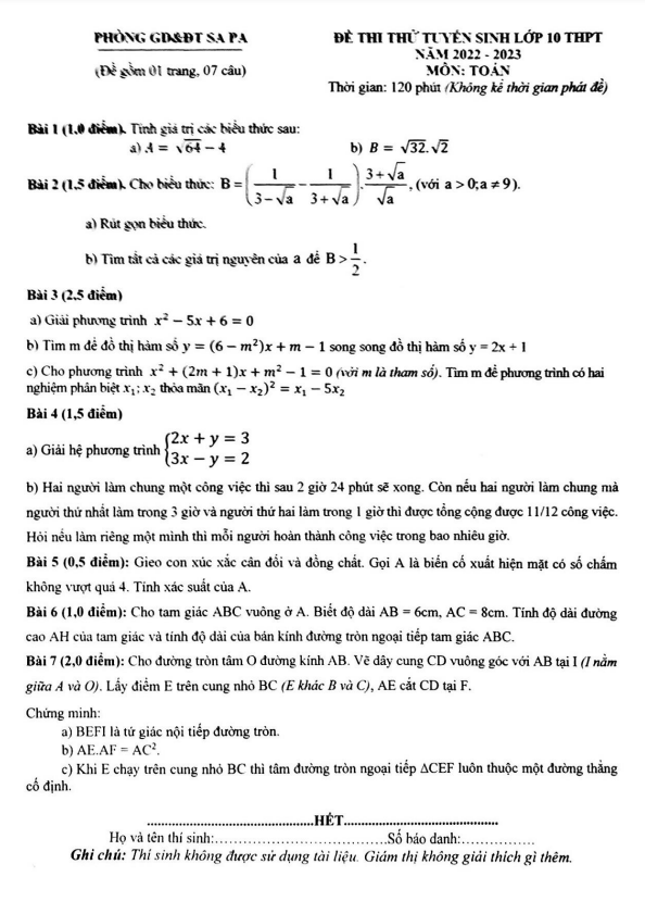 Đề thi thử Toán vào lớp 10 năm 2022 – 2023 phòng GD&ĐT Sa Pa – Lào Cai