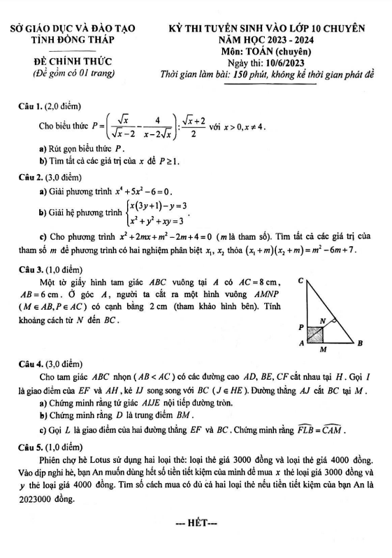 Đề thi vào lớp 10 chuyên môn Toán (chuyên) năm 2023 – 2024 sở GD&ĐT Đồng Tháp