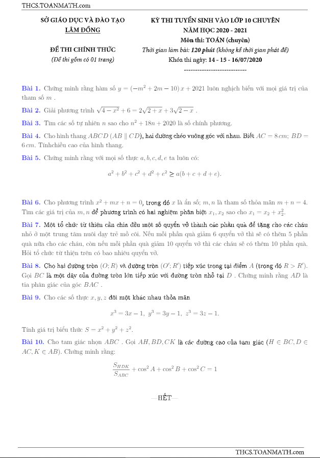Đề thi vào lớp 10 chuyên môn Toán năm 2020 – 2021 sở GD&ĐT Lâm Đồng (chuyên Toán)