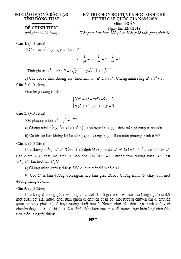 Đề Toán chọn đội tuyển học sinh giỏi dự thi Quốc gia 2019 sở GD và ĐT Đồng Tháp