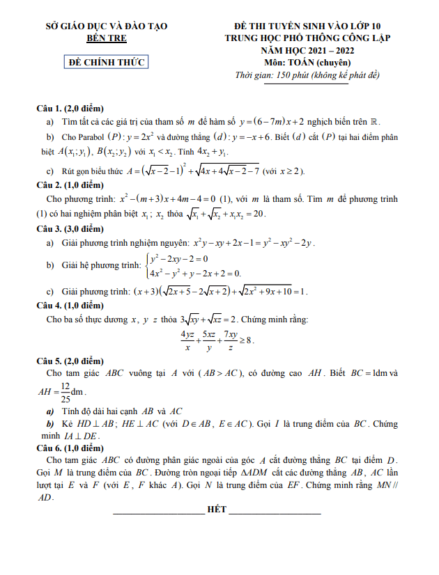 Đề tuyển sinh lớp 10 môn Toán (chuyên) năm 2021 – 2022 sở GD&ĐT Bến Tre