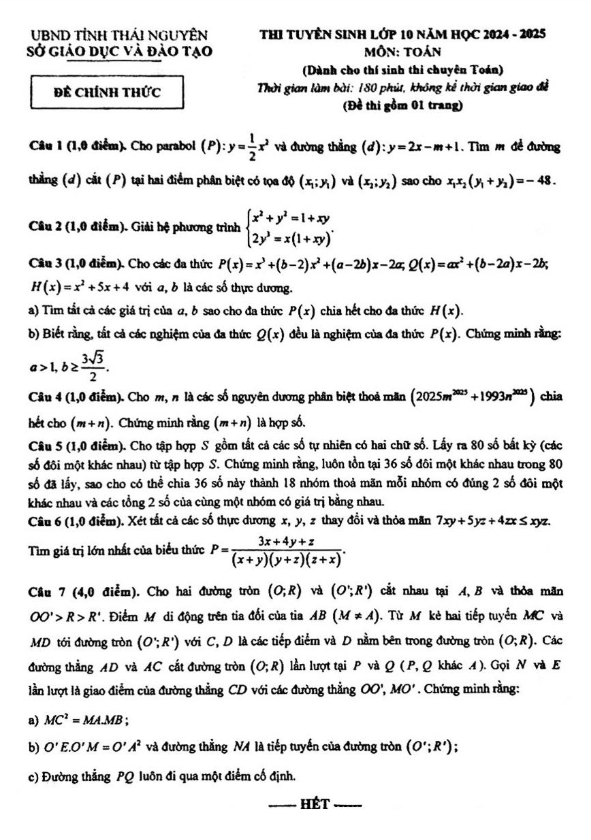 Đề tuyển sinh lớp 10 môn Toán (chuyên) năm 2024 – 2025 sở GD&ĐT Thái Nguyên