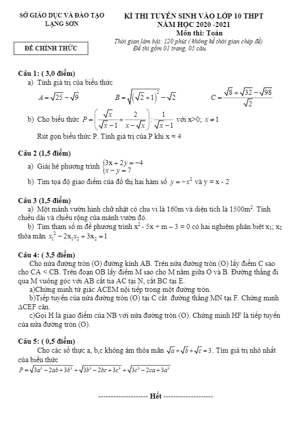 Đề tuyển sinh lớp 10 THPT môn Toán năm 2020 – 2021 sở GD&ĐT Lạng Sơn