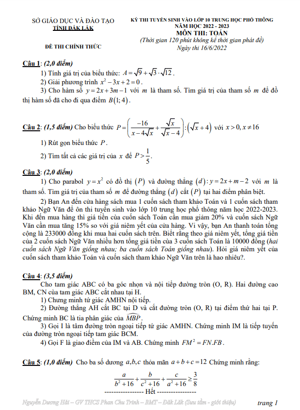 Đề tuyển sinh lớp 10 THPT môn Toán năm 2022 – 2023 sở GD&ĐT Đắk Lắk