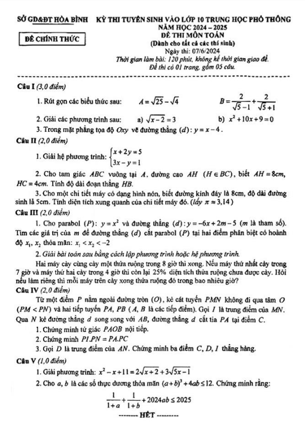 Đề tuyển sinh lớp 10 THPT môn Toán năm 2024 – 2025 sở GD&ĐT Hòa Bình