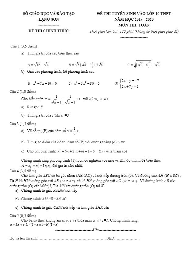 Đề tuyển sinh lớp 10 THPT năm 2019 – 2020 môn Toán sở GD&ĐT Lạng Sơn