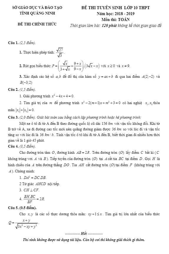 Đề tuyển sinh vào lớp 10 THPT môn Toán năm 2018 – 2019 sở GD và ĐT Quảng Ninh