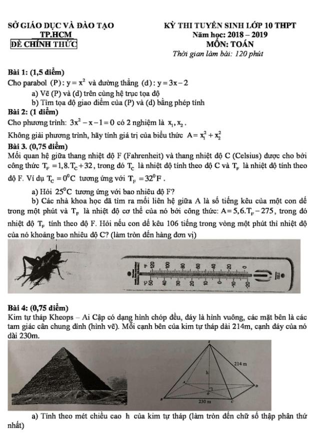 Đề tuyển sinh vào lớp 10 THPT môn Toán năm 2018 – 2019 sở GD và ĐT TP. HCM