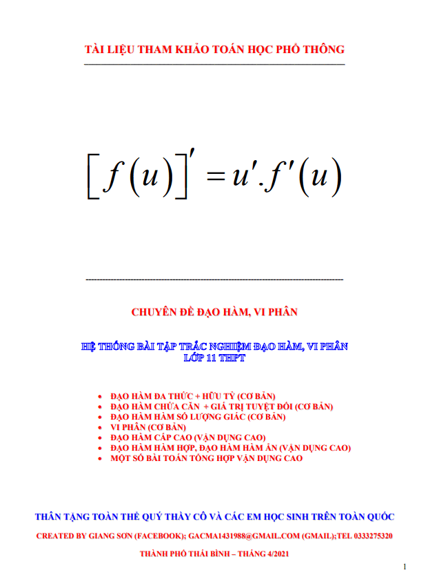 Hệ thống bài tập trắc nghiệm đạo hàm – vi phân