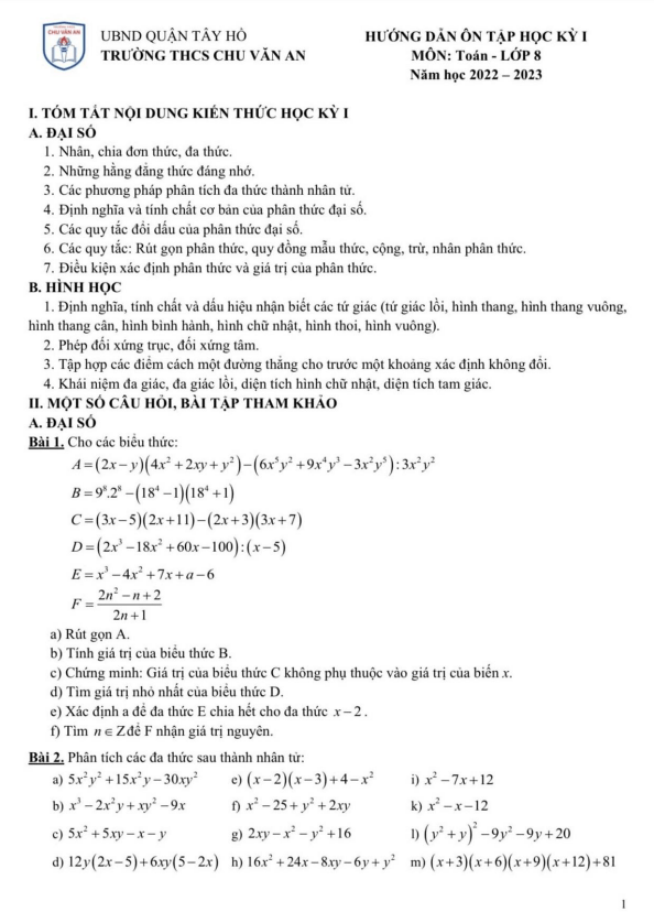 Hướng dẫn ôn tập HK1 Toán 8 năm 2022 – 2023 trường THCS Chu Văn An – Hà Nội