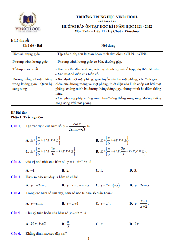Hướng dẫn ôn tập học kì 1 Toán 11 năm 2021 – 2022 trường Vinschool – Hà Nội