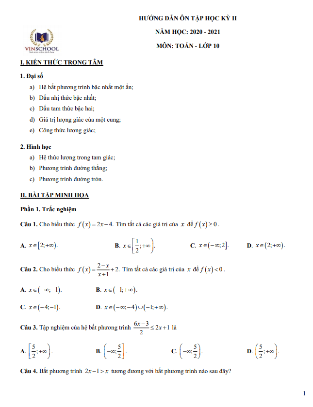 Hướng dẫn ôn tập học kì 2 Toán 10 năm 2020 – 2021 trường Vinschool – Hà Nội