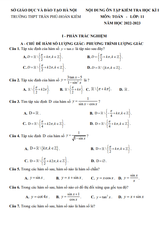 Nội dung ôn tập cuối kì 1 Toán 11 năm 2022 – 2023 trường THPT Trần Phú – Hà Nội