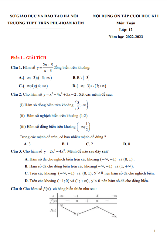 Nội dung ôn tập cuối kì 1 Toán 12 năm 2022 – 2023 trường THPT Trần Phú – Hà Nội