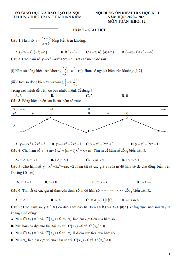 Nội dung ôn tập học kì 1 Toán 12 năm 2020 – 2021 trường THPT Trần Phú – Hà Nội