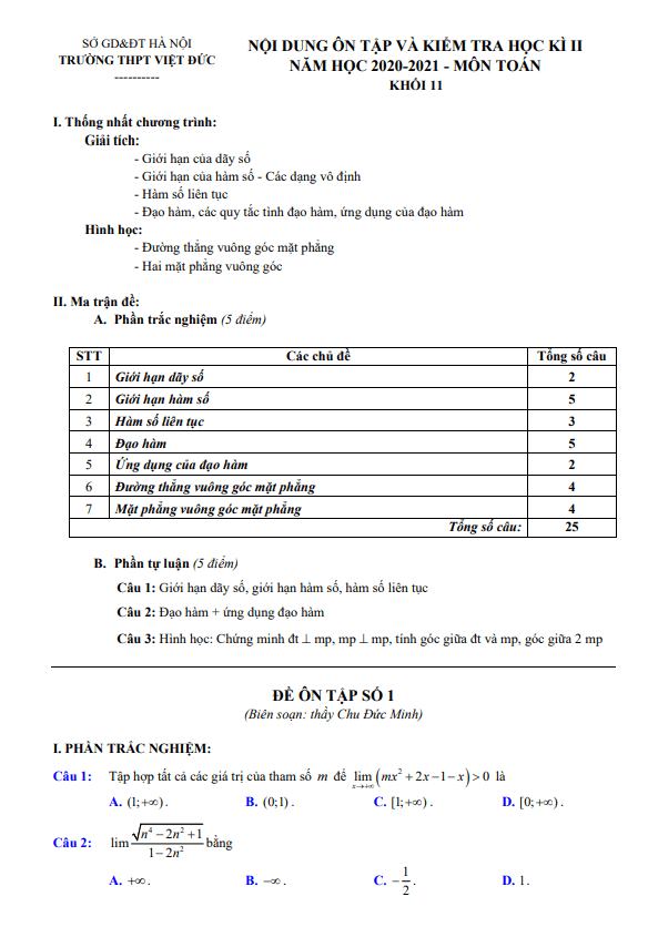 Nội dung ôn tập học kì 2 Toán 11 năm 2020 – 2021 trường THPT Việt Đức – Hà Nội