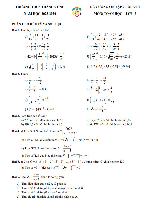 Ôn tập cuối kỳ 1 Toán 7 năm 2023 – 2024 trường THCS Thành Công – Hà Nội
