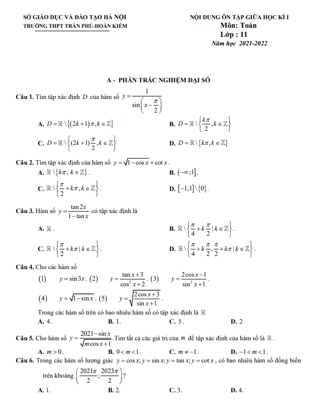 Ôn tập giữa học kì 1 Toán 11 năm 2021 – 2022 trường THPT Trần Phú – Hà Nội