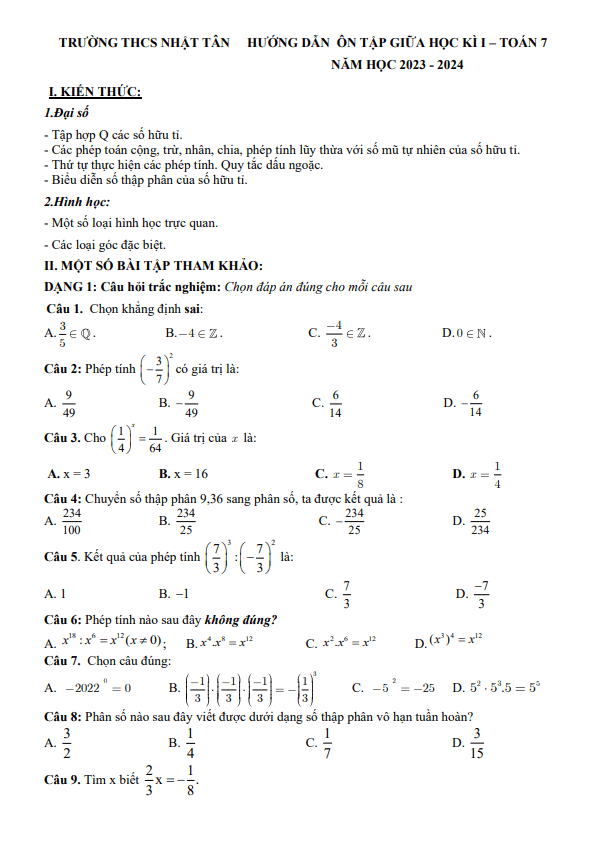 Ôn tập giữa học kì 1 Toán 7 năm 2023 – 2024 trường THCS Nhật Tân – Hà Nội
