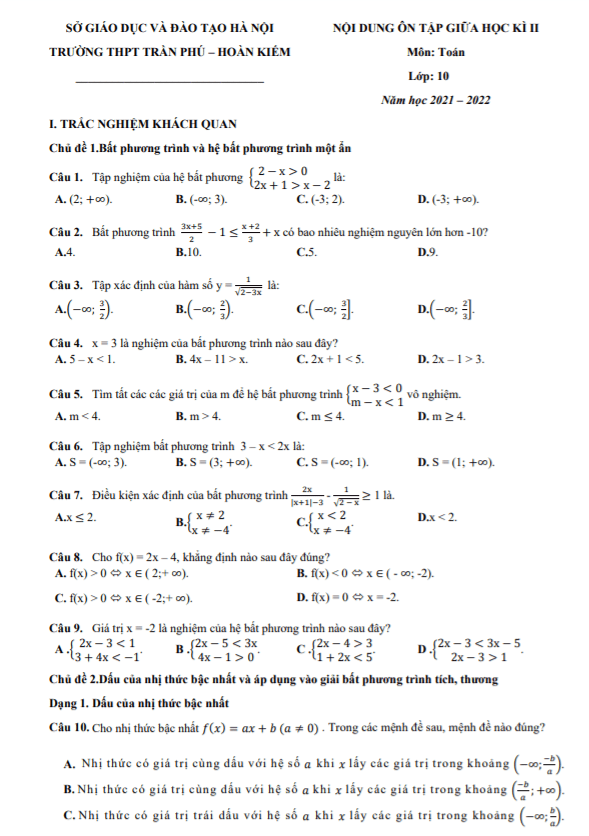 Ôn tập giữa học kì 2 Toán 10 năm 2021 – 2022 trường THPT Trần Phú – Hà Nội