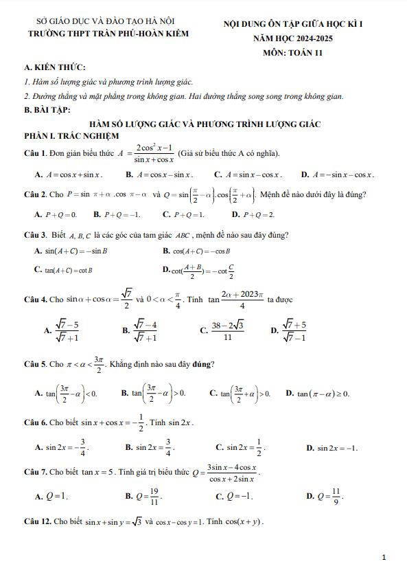 Ôn tập giữa kì 1 Toán 11 năm 2024 – 2025 trường THPT Trần Phú – Hà Nội