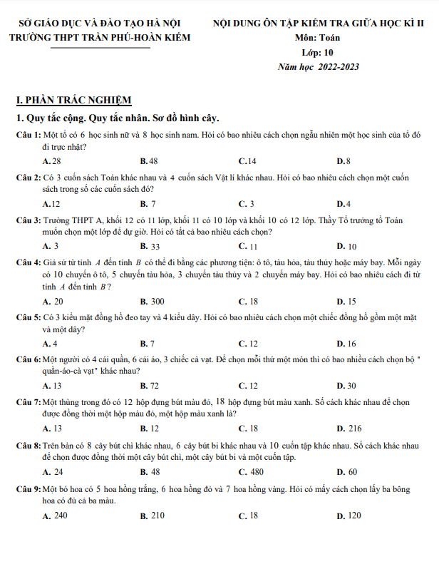 Ôn tập giữa kì 2 Toán 10 năm 2022 – 2023 trường THPT Trần Phú – Hà Nội