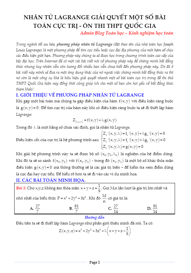 Sử dụng phương pháp nhân tử Lagrange để giải quyết một số bài toán cực trị