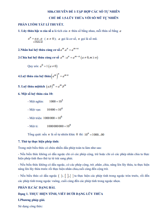Tài liệu dạy thêm – học thêm chuyên đề lũy thừa với số mũ tự nhiên