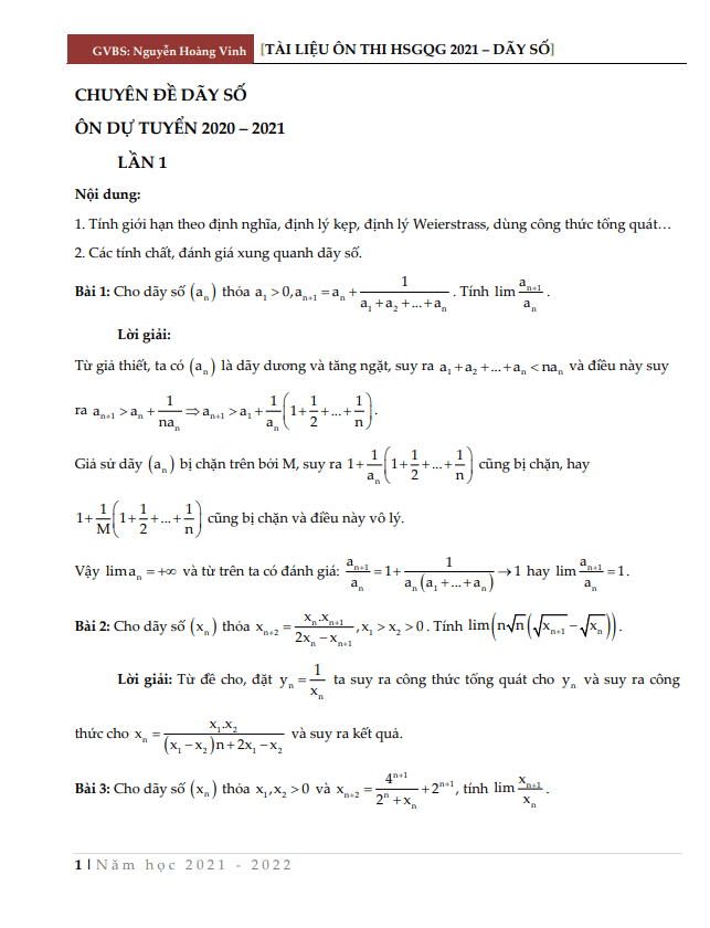 Tài liệu ôn thi HSG Quốc gia môn Toán chủ đề dãy số – Nguyễn Hoàng Vinh