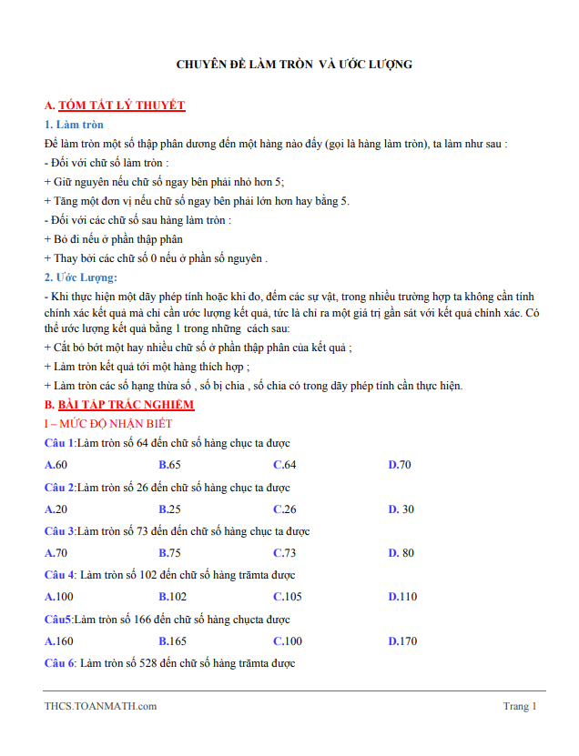 Tóm tắt lý thuyết và bài tập trắc nghiệm làm tròn và ước lượng