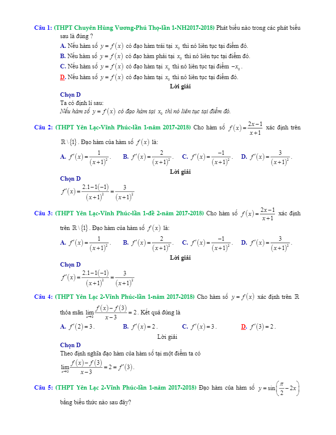 Trắc nghiệm đạo hàm có giải chi tiết trong các đề thi thử Toán 2018