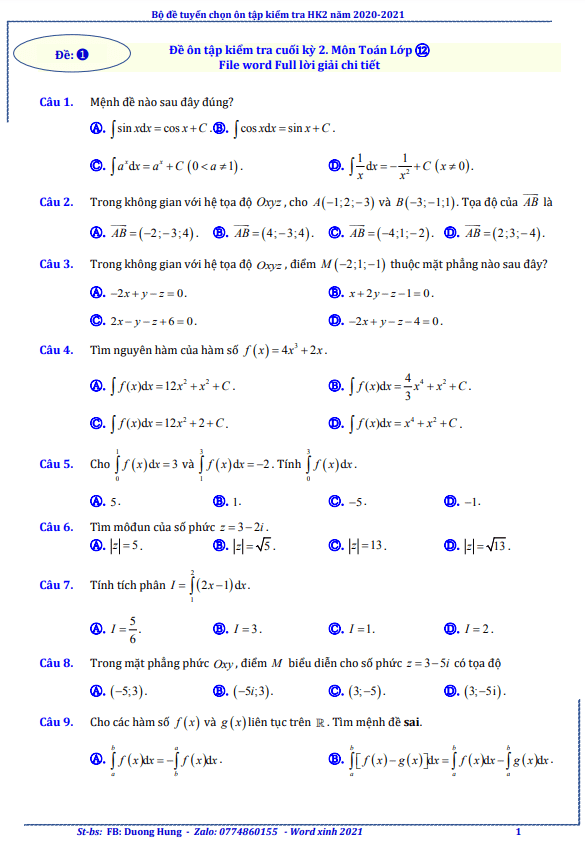 Tuyển chọn 20 đề trắc nghiệm ôn thi HK2 Toán 12 năm học 2020 – 2021
