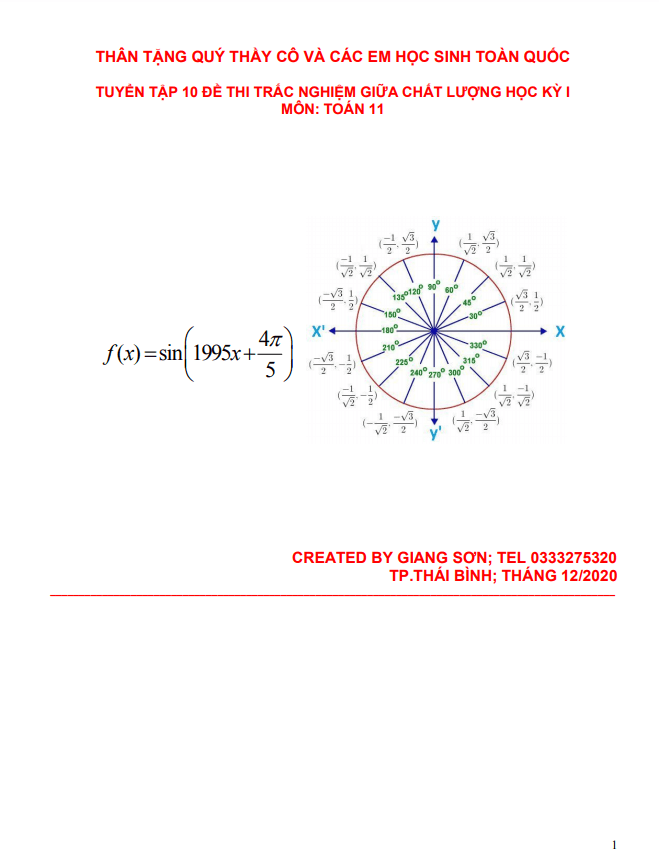 Tuyển tập 10 đề thi trắc nghiệm chất lượng giữa học kỳ I môn Toán 11