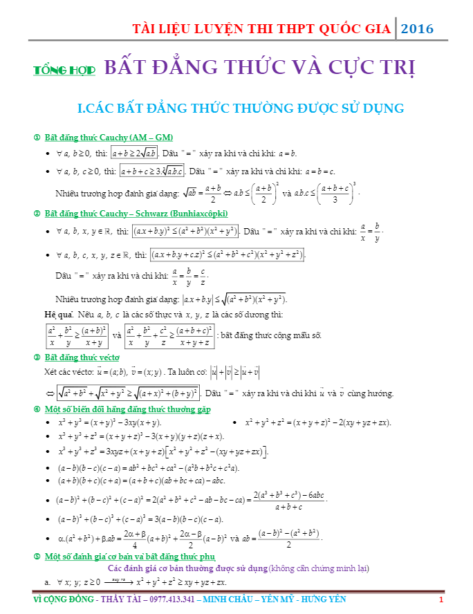 Tuyển tập bất đẳng thức trong đề thi thử Quốc gia 2016 môn Toán – Trần Tài